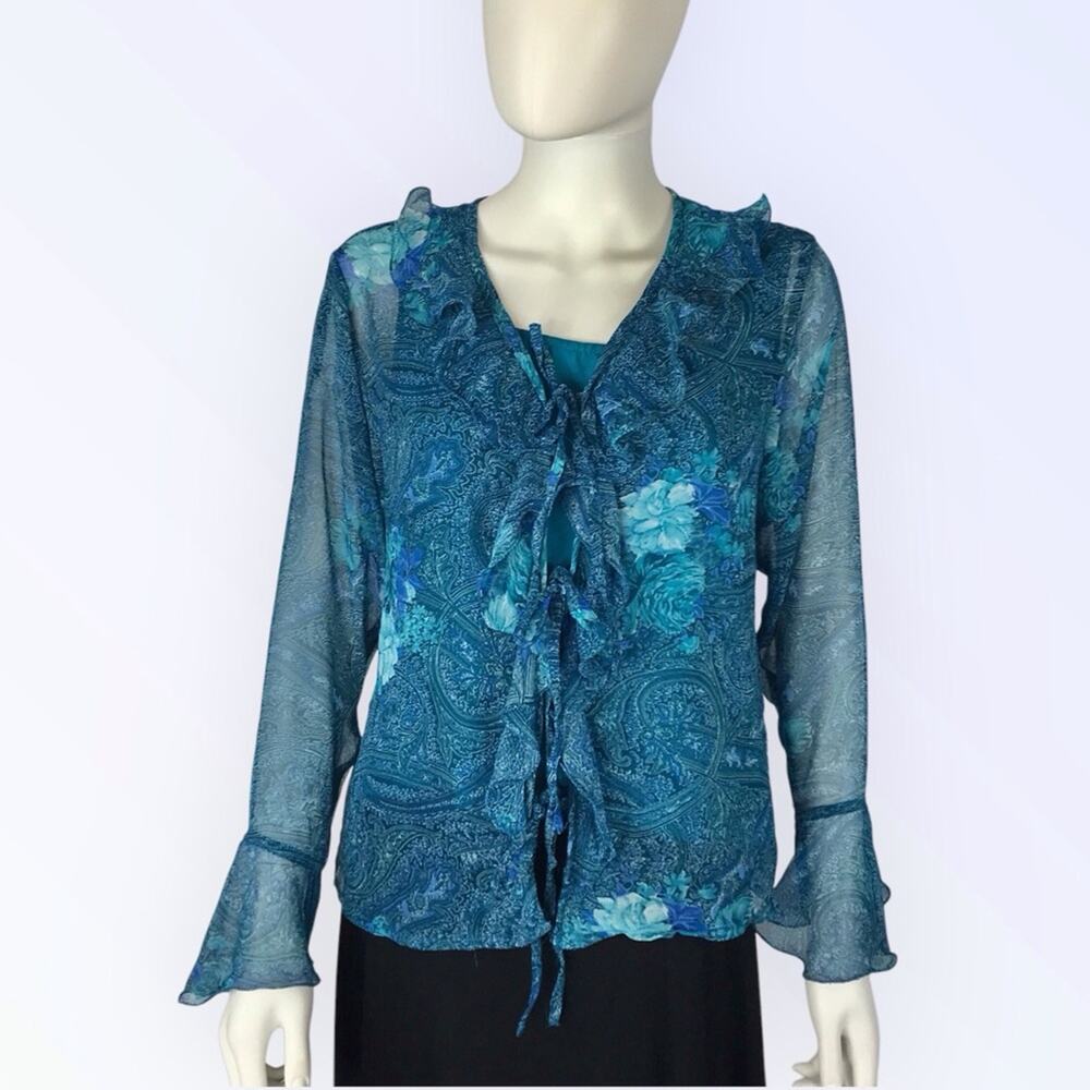 2-Piece Chiffon Blouse Teal Blue Paisley Floral Design Ruffle Fairy Top